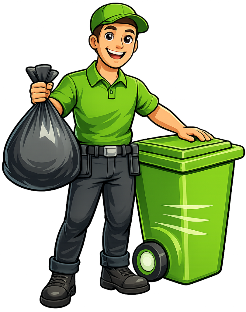 A cartoon man holding a bin bag with a hand on a wheelie bin