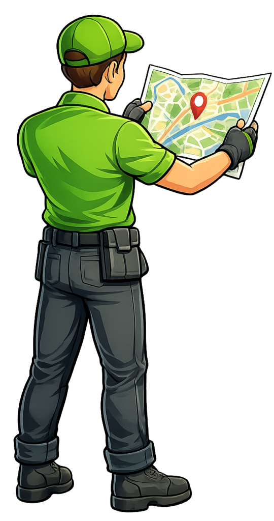A cartoon man holding a map with a pin graphic on it