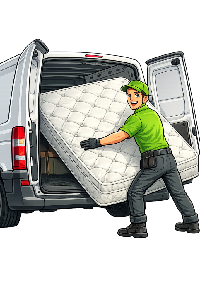 A cartoon man holding a mattress